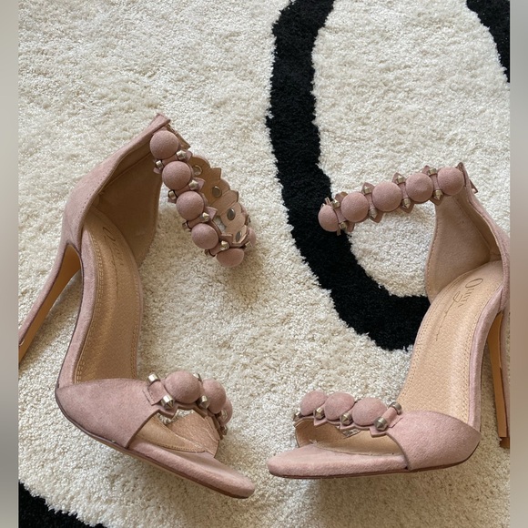 **SALE** Olivia Ferguson Embellished Suede Mauve-Pink Ankle Strap Heels - Picture 2 of 4